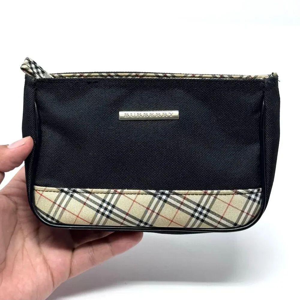 Burberry Black and Beige Plaid Canvas Cosmetic Pouch